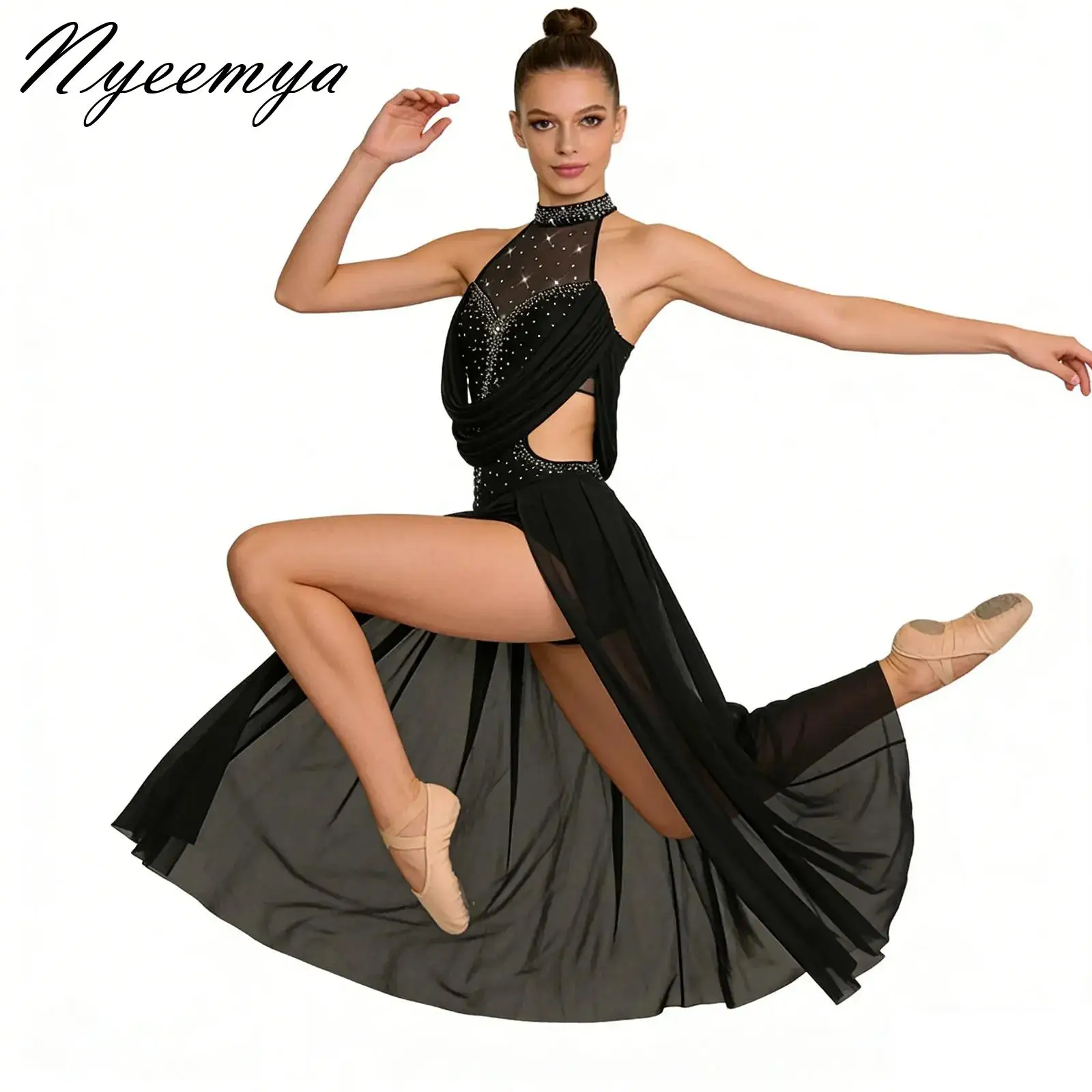 

Women Modern Lyrical Dance Performance Costume Rhinestones Mesh Split Leotard Dress for Figure Skating Gymnastics Acrobatics