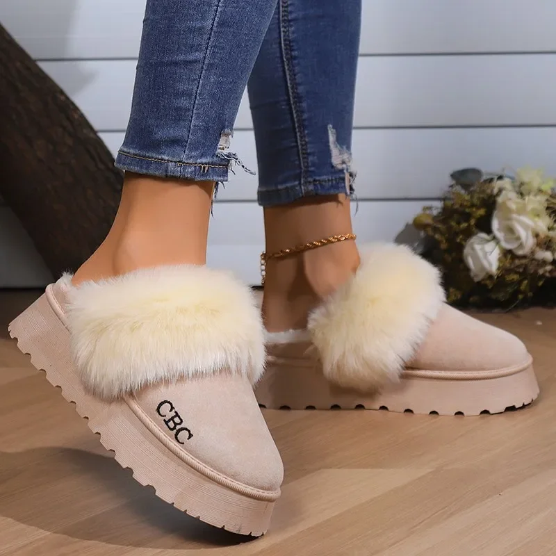 Korean Fur Snow Slipper Women 2024 Winter Warm Simple Platform Slippers Long Plush Soft Indoor Thick Sole Footwear Cotten Shoes