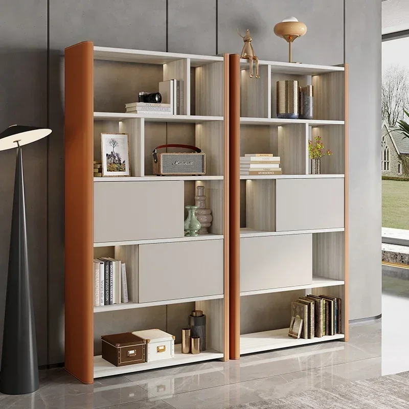 Light Luxury Saddle Leather Bookcase Solid Wood Floor Wall Shelf Study Display Cabinet Bookshelf