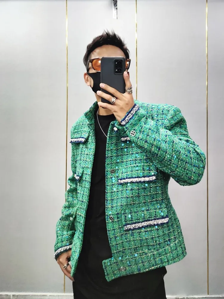 New Stand Collar Luxury Sequined Mens Tweed Jacket Designer Spring Autumn Long Sleeve Outerwear Single Breasted Mens Short Coat