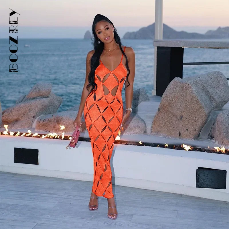 

BoozRey Elegant Geometric Maxi Dress Women Evening Spaghetti Strap Backless Hollow Out Robe High Street Hole Lady Long Dresses