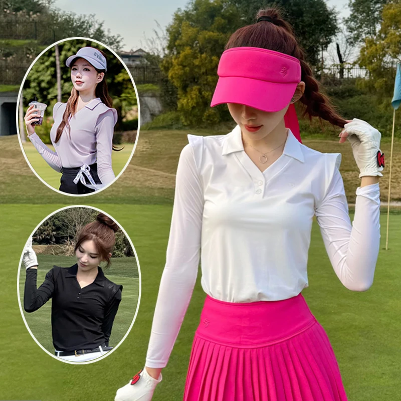 SG Golf Apparel Women Summer Ice Silk Cool Sunscreen Shirt Anti-UV Long Sleeved Golf Ball Top Lady V-Neck Fly Sleeve Tee