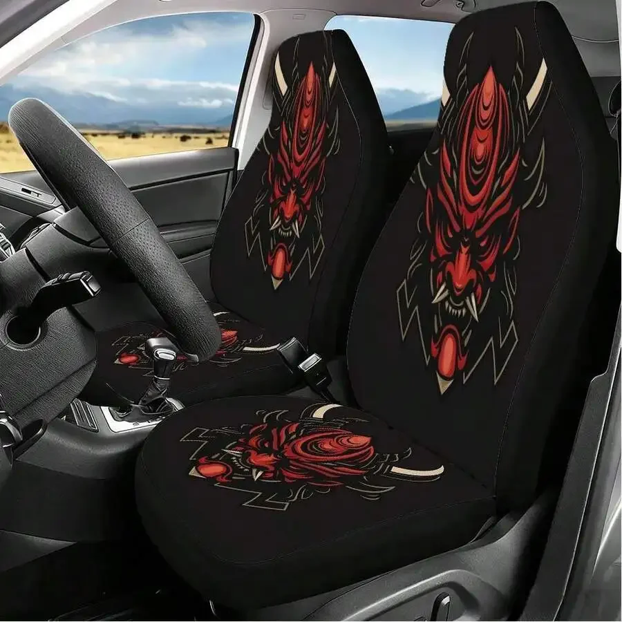 2-Piece Red Oni Mask Car Seat Cover Set For Front Seats Polyester Material Compatible With Sedans SUVs Trucks