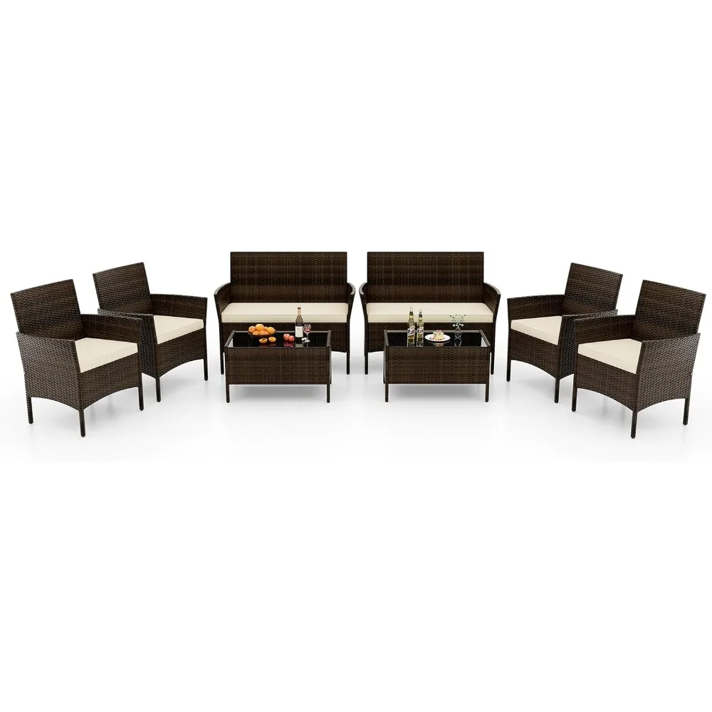 

8-piece Terrace Furniture Set - Rattan Outdoor Dialogue Small Bar Set, with Cushions, Glass Coffee Table, Wicker Chairs