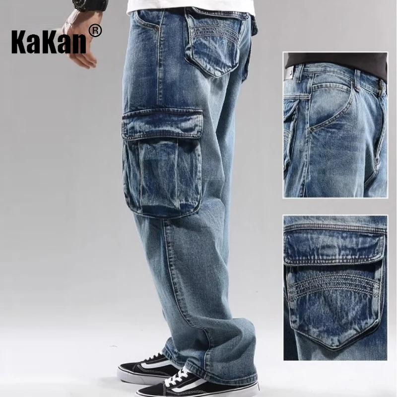 Kakan - 새로운 남성 멀티 포켓 청바지, Y2k 의류 스트리트 루즈 와이드 레그 롱 청바지 청바지 남자 브랜드