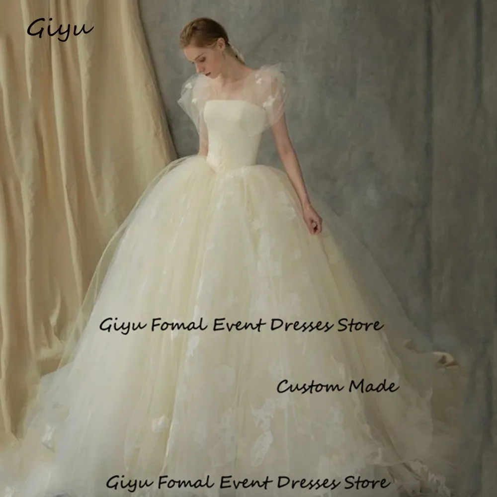 Giyu Fairy Lace Followers Wedding Dress For Woman A-line Strapless Cap Sleeves Floor-length Vestidos Novias Boda