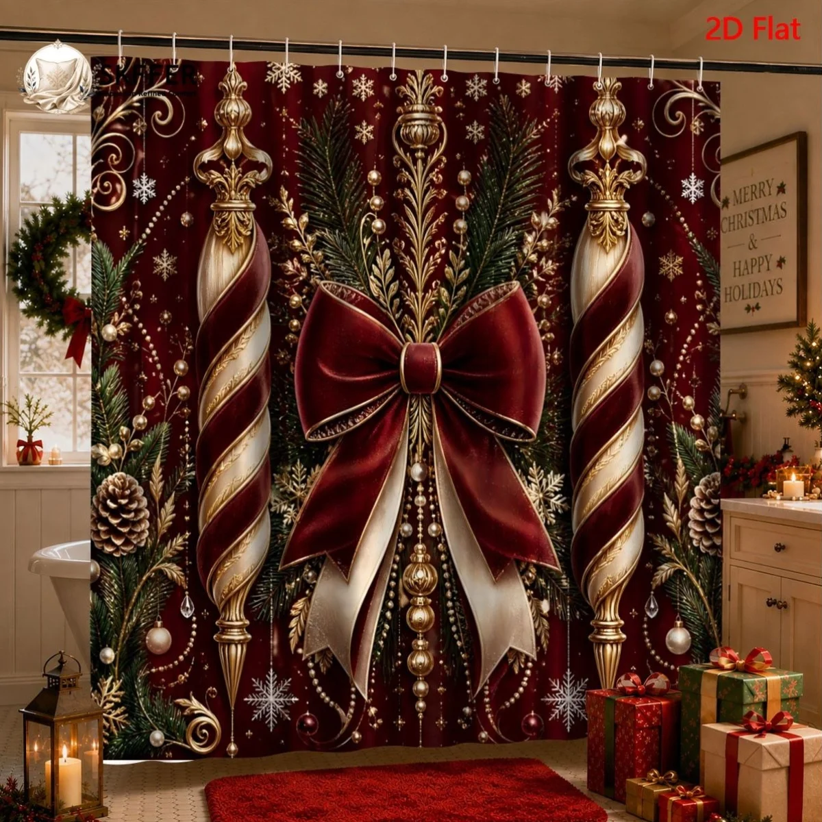 2D Flat Christmas Shower Curtain, Red & Golden Bow, Candy Cane, Pine Branch & Snowflake, Elegant Vintage Holiday Bathroom Decor