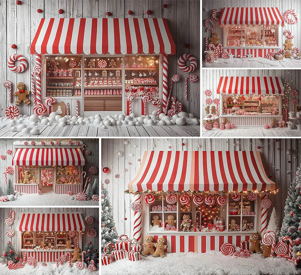 

Mehofond 3D Photography Backdrop Open Candy Store Kids Birthday Party Red White Striped Gingerbread Candy Canes Decor Background