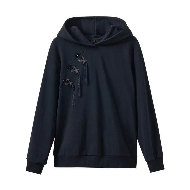 INMAN Women Hoodies 2023 Spring Long Sleeve Loose Hooded Sweatshirt Neo-Chinese Style Buckle Tassel Embroidery Vintage Pullover