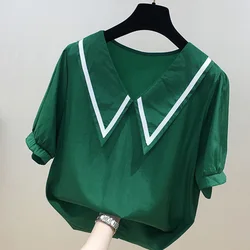 Sweet Peter Pan Collar Spliced Loose Folds Blouse Female clothing 2023 Summer New Oversized Casual Pullovers Office Lady Shirt