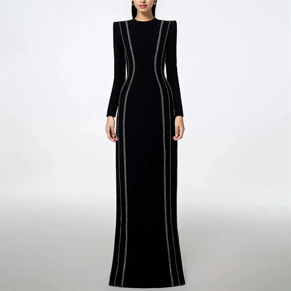 

ROYET Long Sequined Woman Prom Gown O Neck Full Sleeve Vintage Elegant Luxury Long Floor Length Black Classic Evening Dress
