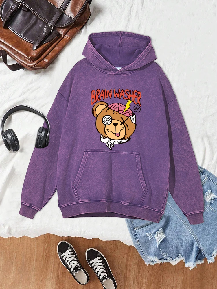 

Funny Graffiti Little Bear Printing Womens Distressed Cotton Hoodie Street Crewneck Autumn Clothes Simple Retro Washed Hoodies