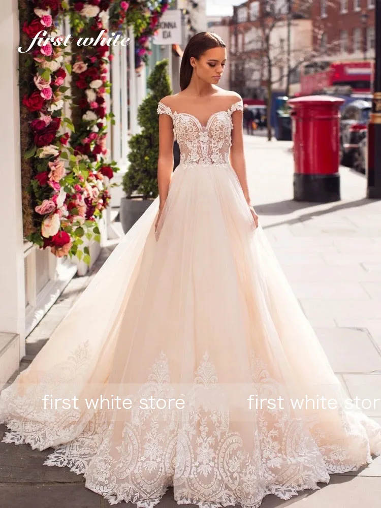 

Elegant Sweetheart Wedding Dress Illusion Back With Button A-line Off Shoulder Skirts Bride Dress