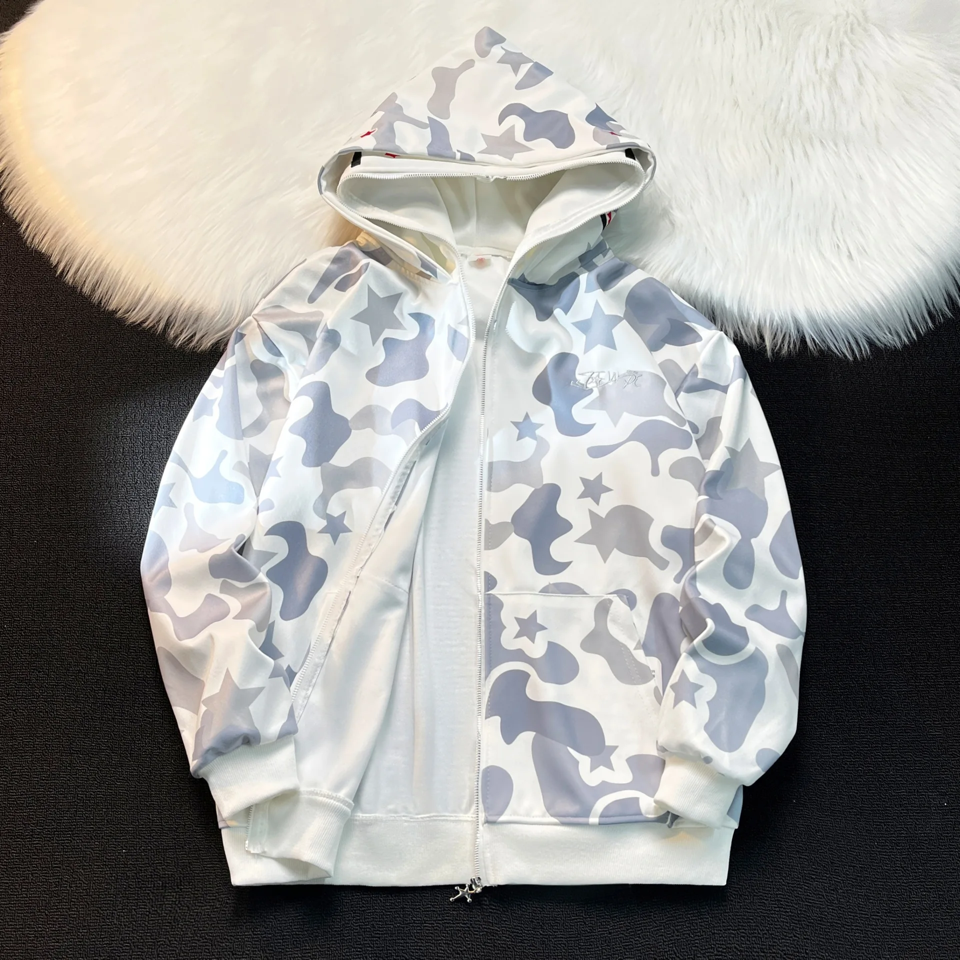 للجنسين سترة رأس القرش ربيع الخريف عادية فضفاضة تناسب مقنعين كامو التطريز كم طويل ألياف البوليستر الشباب النمط الشعبي #3