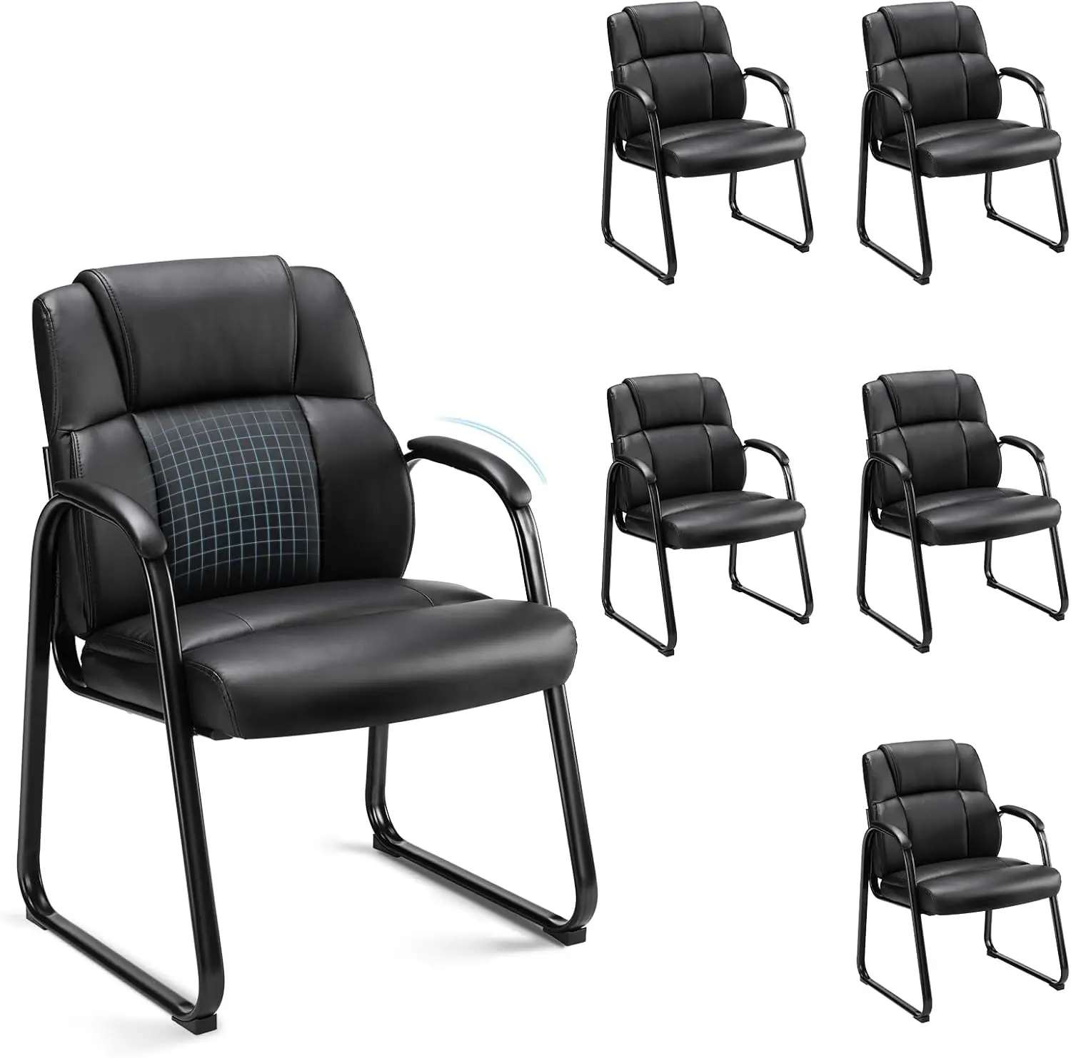 مجموعة من 6 كراسي ضيوف جلدية، استقبال مكتبي ثابت، أذرع مبطنة، قاعدة بيع، أسود