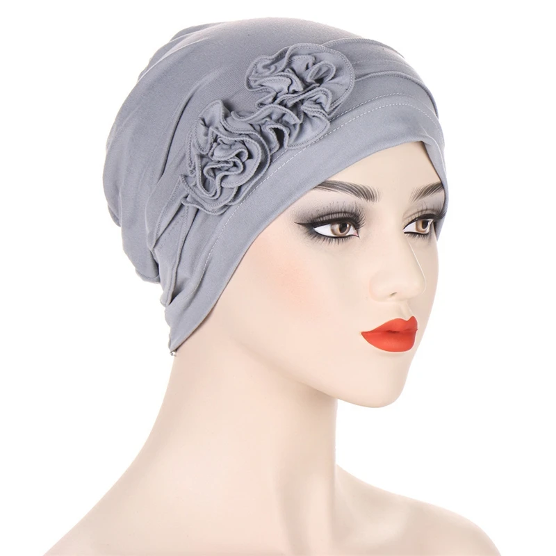 3D Flowers Turban Cap Beanies for Women Muslim Hijab Head Cover Ladies Solid Color India Cap Bandanas Hair Loss Cancer Chemo Cap