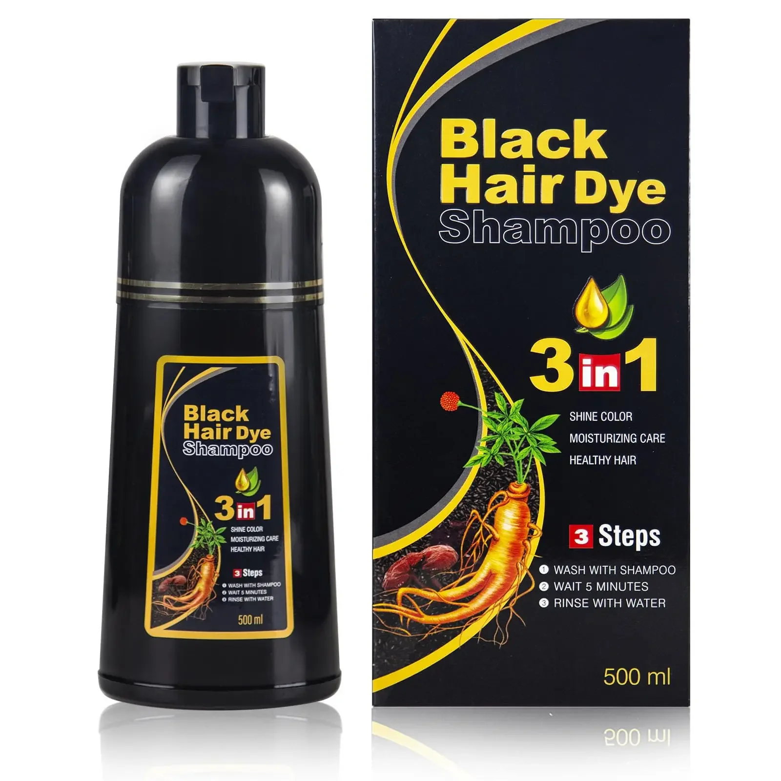 500ML Black Hair Dye Shampoo 3in1 Instant Gray To Blacks Natural Herbal Multiflorum Coloring Cover Durability Smell Fresh