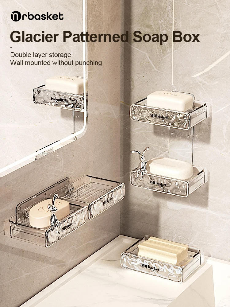 mr basket Non Punching Soap Box Wall Mounted High-End Bathroom Glacier Patterned Soap Storage Rack For Household Use Soap Box