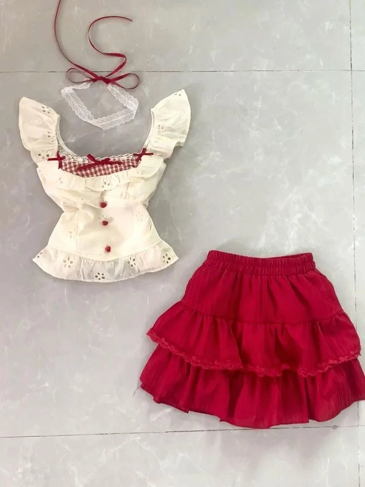 Summer Sweet Patchwork Two Piece Set Women Ruffle Lace Tops + Red Pleated Mini Skirt Suit Korea Kawaii Design Bow Cute Outfits