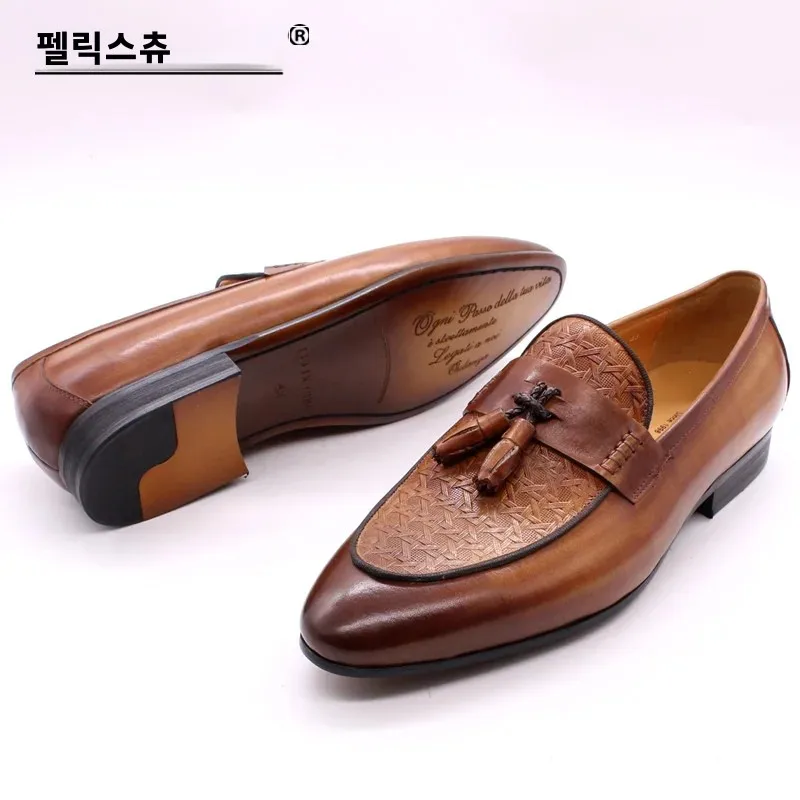 FELIX CHU Men\'s Genuine Leather Tassel Loafers Italian Luxury Fashion Slip-On Dress Shoes for Parties Weddings Casual Wear