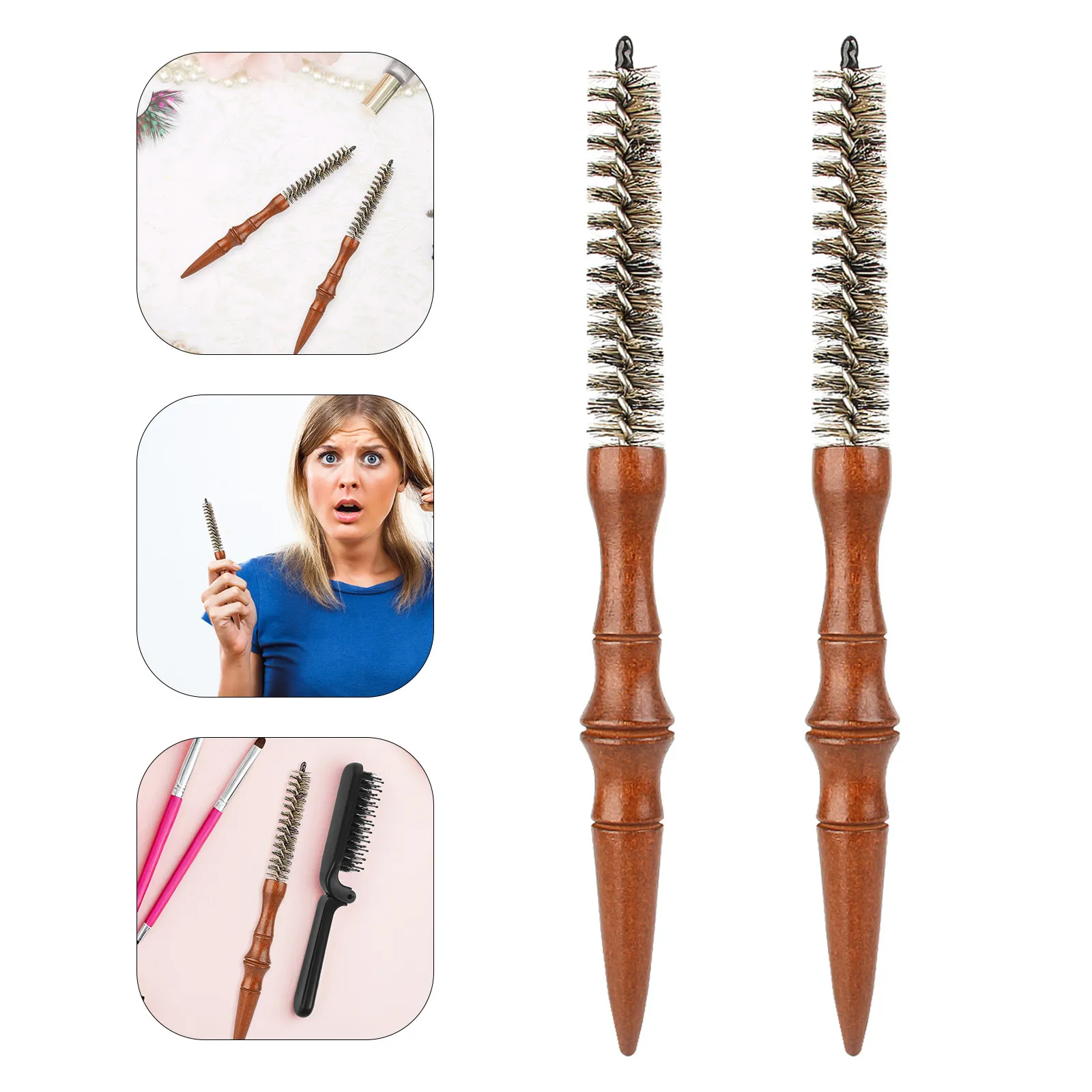 

2Pcs Spiral Pattern Mini Curling Roll Comb Small Round Hair Brush Wooden Handle Boar Bristle Drying Bang Lifting