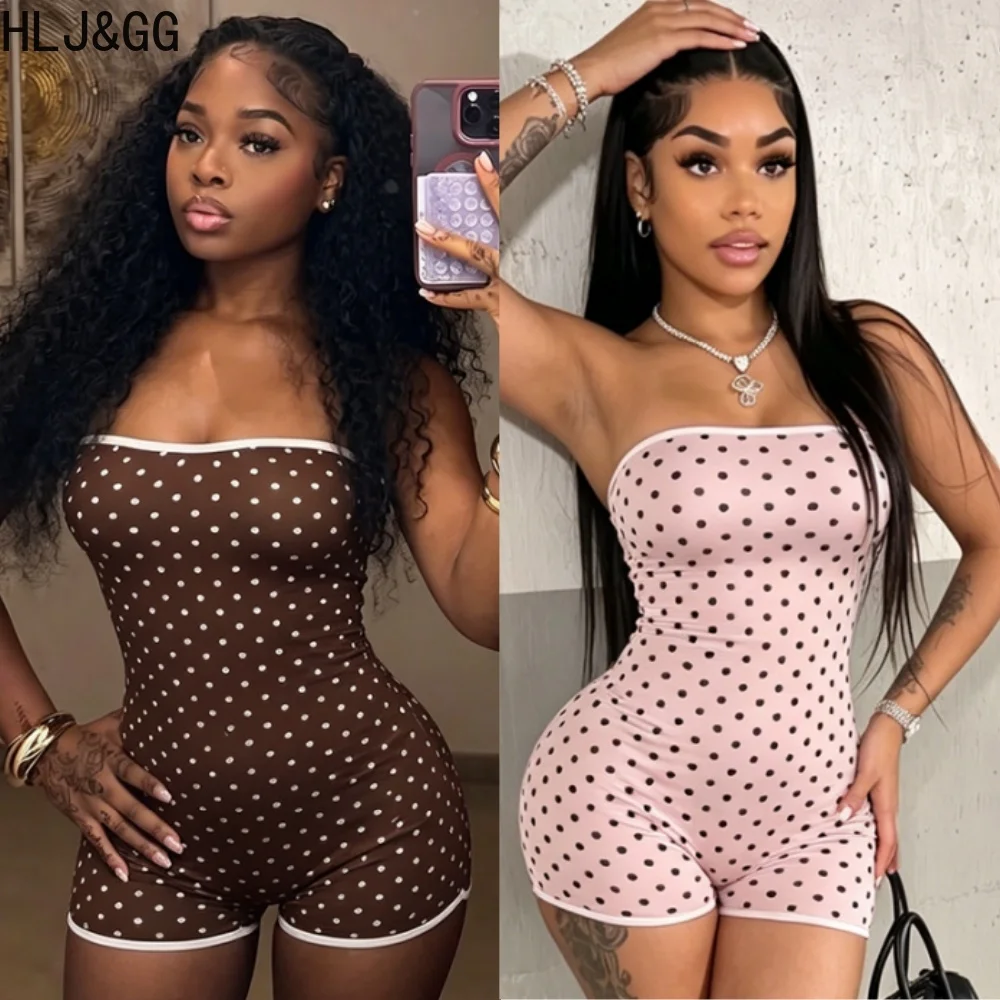 HLJ&GG Sexy Polka Dot Print Bodycon One Piece Rompers Women Off Shoulder Sleeveless Backless Slim Jumpsuits Fashion Playsuits