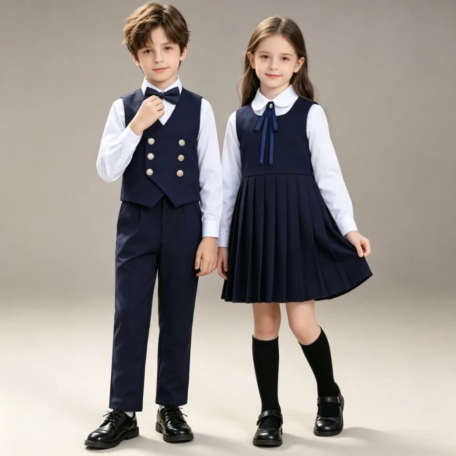 Kids Navy Preppy Sibling Outfit Boys Vest Pants Set and Girls Sleeveless Pleated Dress with Bow for Spring School Party 3-15Y