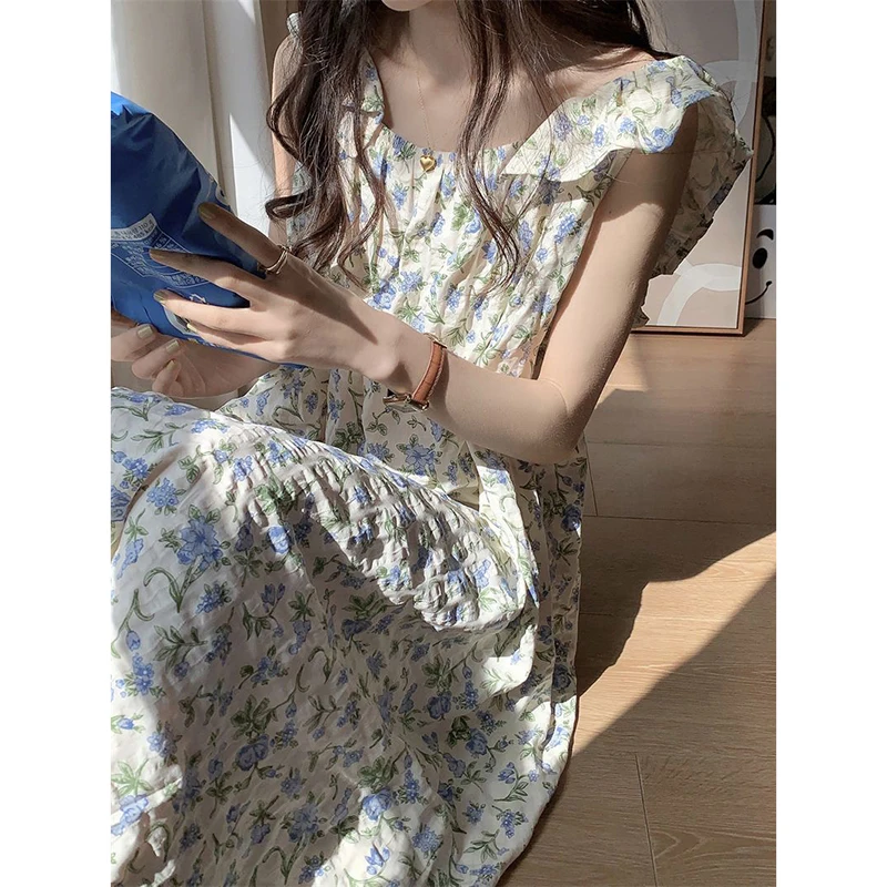 Floral Sleepwear Woman Fly Sleeves Summer Nightgown Korean Nightwear Night Dress One Piece Pajamas Sleeping Home Wear 2024 New