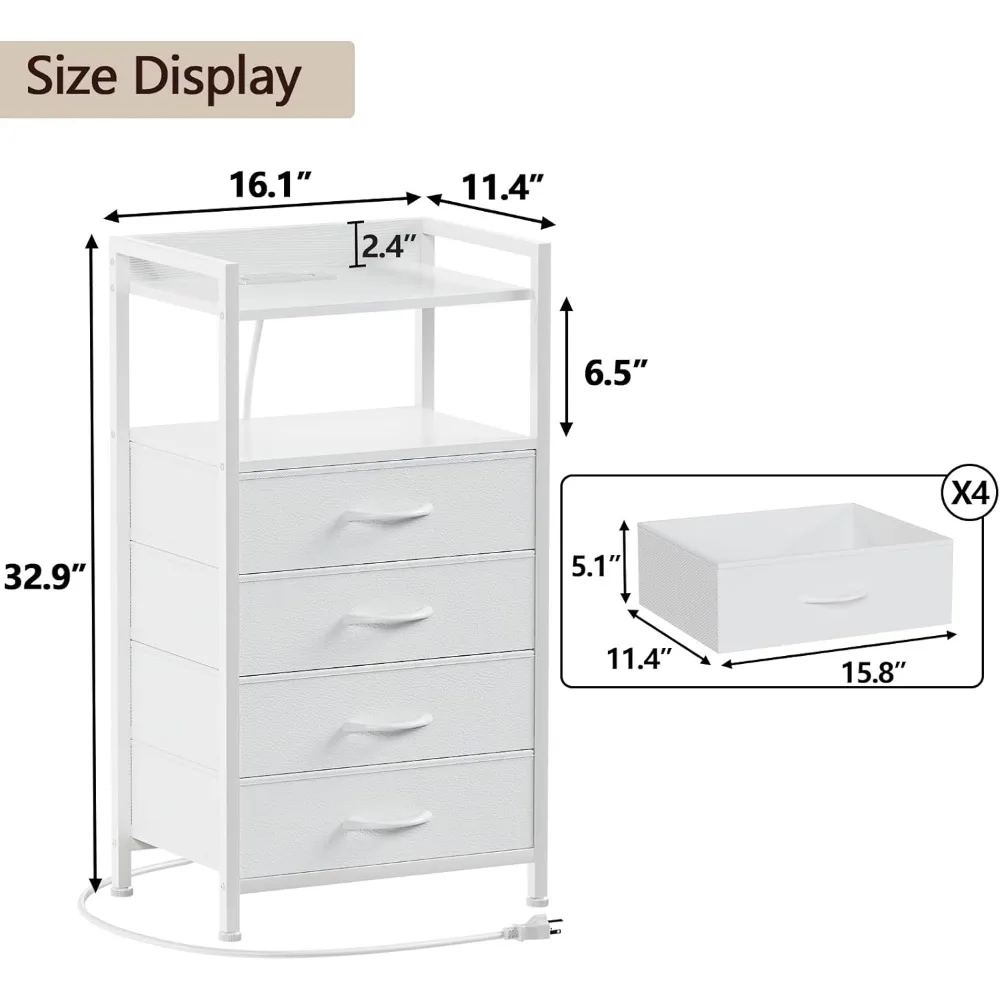 منضدة بيضاء معاصرة مع شحن USB وإضاءة LED وأدراج قماشية وخزانة غرفة نوم طويلة #3
