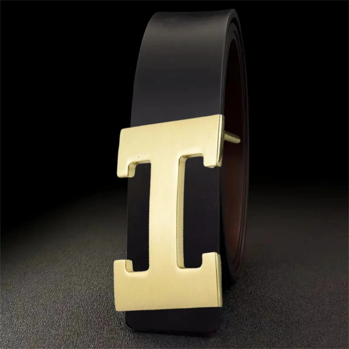 2Pcs Men PU Leather Belt Set, Gold H‑Shape Metal Buckle, Black & Brown Business Casual Waist Belts for Men