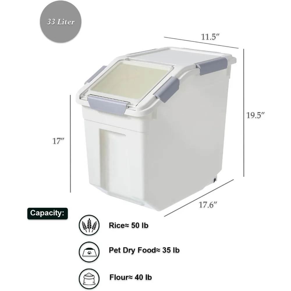 33 Liter / 50 lbs Rice Storage Container with Measuring Cup, For Rice Grain | Pet Food Flour, 2 count, White