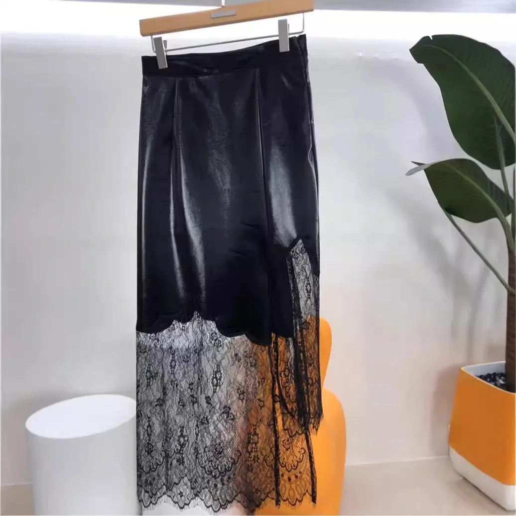 

PU Leather Patchwork Mesh Streetwear Long Skirt New High Waist Straight Skirts For Spring Autumn Trendy Black Skirt 2024 New