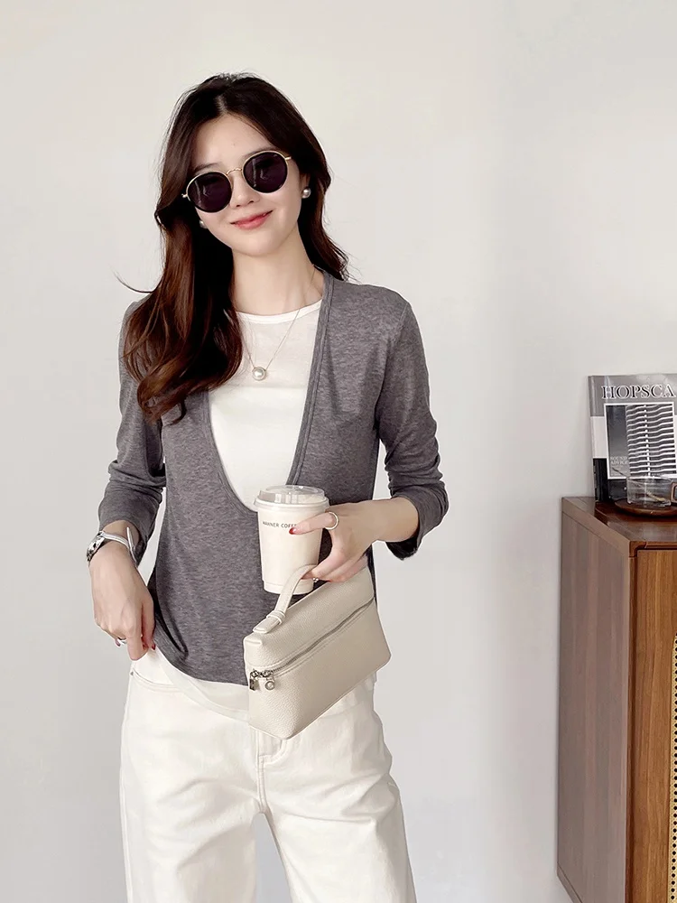 

Korean Faion Long Sve Color Blo T-irt Women's Knitted Wool Lyocell Top Autumn New Sle Straight Cut Commute Sle