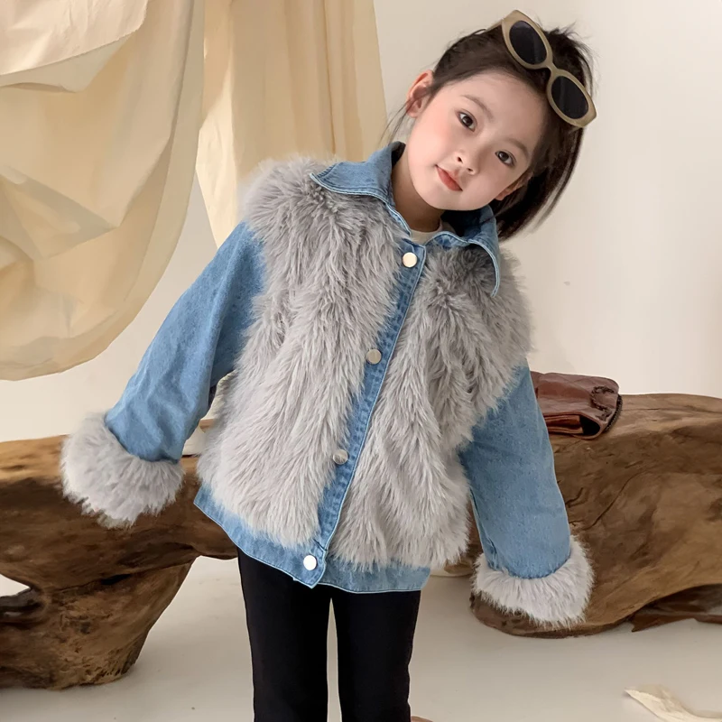 

2-10 Year Girls Faux Fox Fur Denim Jacket Thick Coats Warm Winter Autumn Fashion Wool Outwear Kid Children Fleece Outerwear Blue