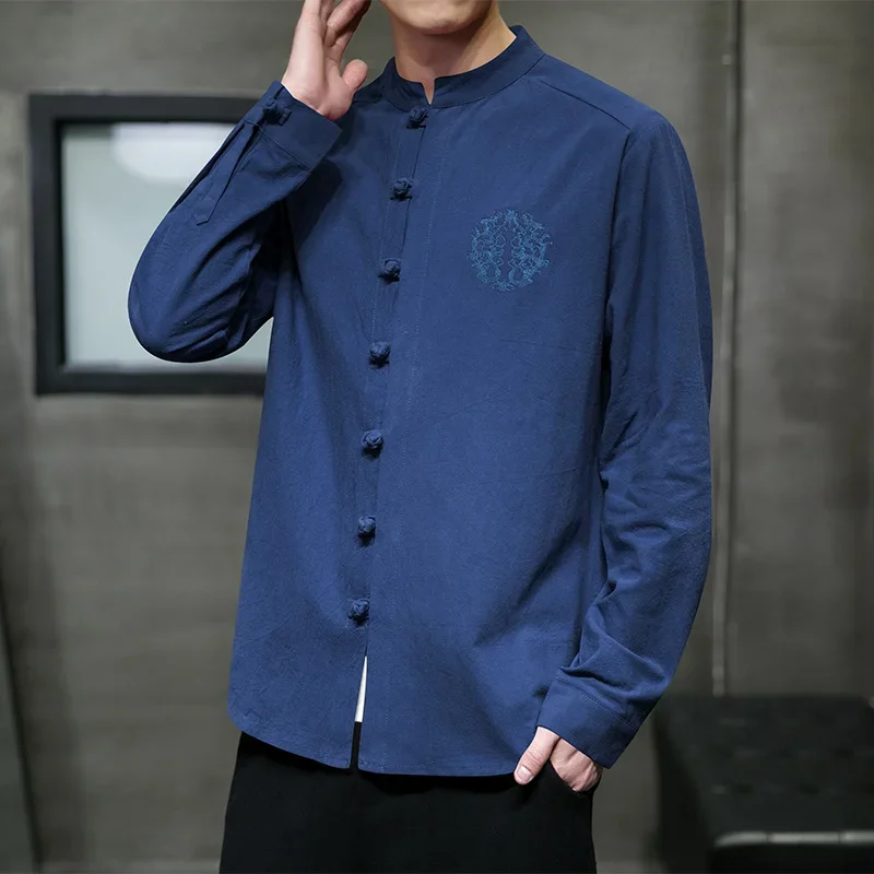 2025 Spring New Men Chinese Style Cotton Linen Shirt Men Solid Color Loose Shirts Traditional Kung Fu Tai Chi Hanfu Shirt
