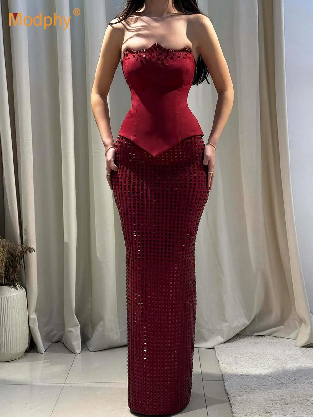 

Modphy Высококачественный бордовый дизайн без рукавов с кристаллами + юбка с горячими бриллиантами Вечерний комплект для ночного клуба Роскошное платье на день рождения