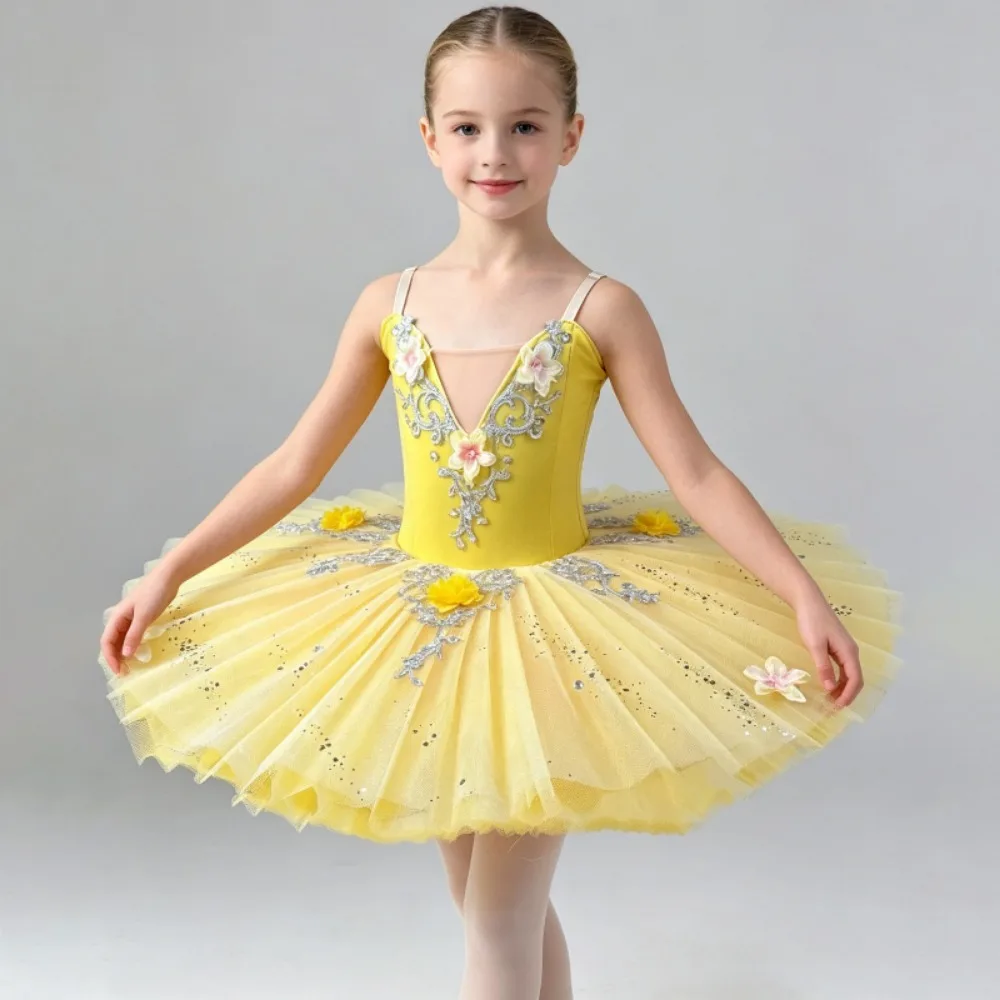 Classical Tutu Ballet Dress Slip Embroidered Flower Sequins Splice Ballerina Party Dress Professional Stage Competition Performa