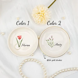 Personalised Flower Trinket Dish, Watercolor Flower Ring Dish, Birthday Jewelry Dish Gift for Friend, Wedding Bridesmaid Gift