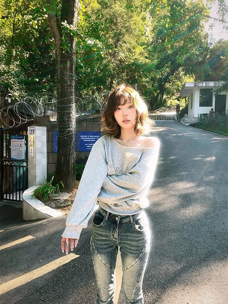 Tawaaiw grijze truien damessweatshirts off-shoulder lange mouw Koreaanse mode jaren 2000 kleding Y2k casual hoodie herfst tops