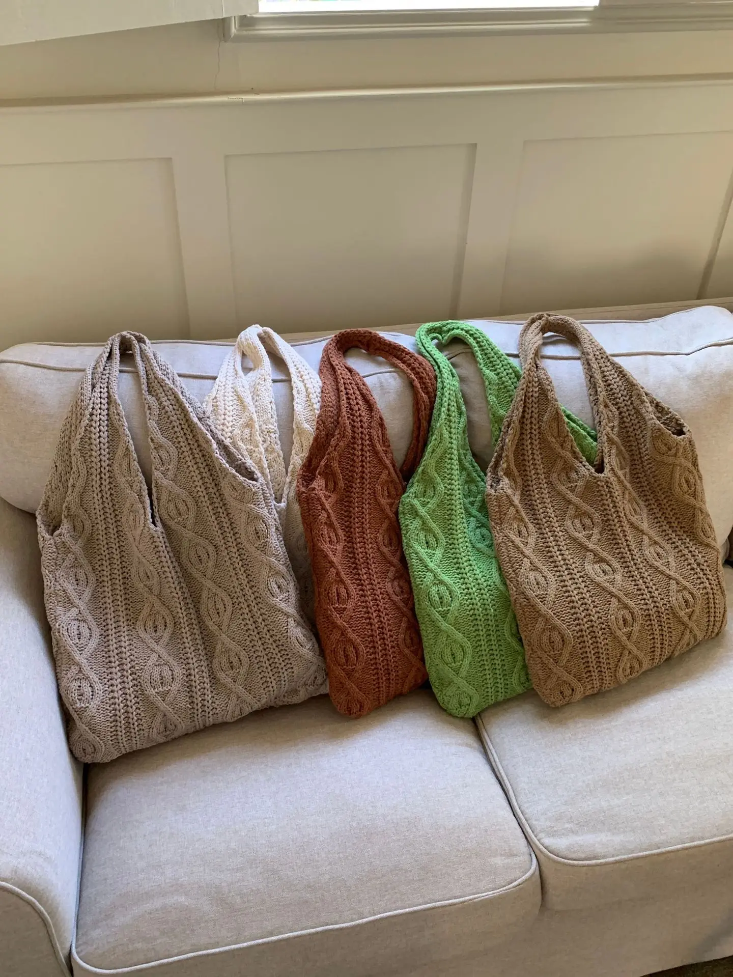 Wolle große Strickt asche Schulter Einkaufstasche für Frauen Vintage Baumwoll tuch Mädchen Einkaufstasche große weibliche Handtasche Häkel tasche