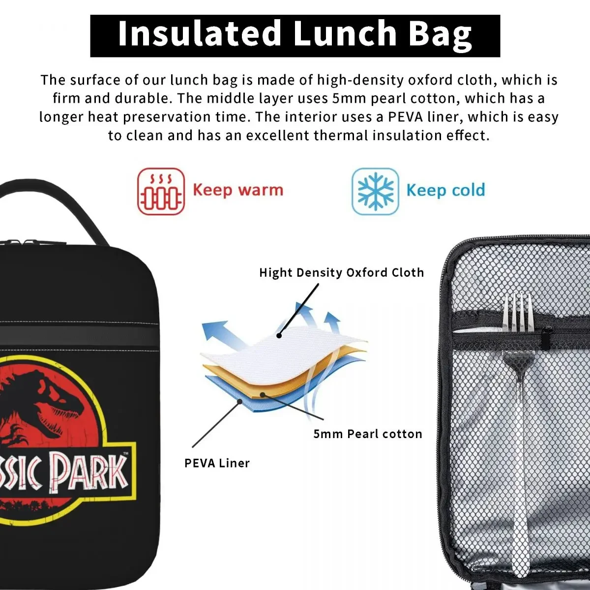 Jurassic Park Insulated Lunch Bag Multifunction Food Box Portable Cooler Thermal Lunch Box School