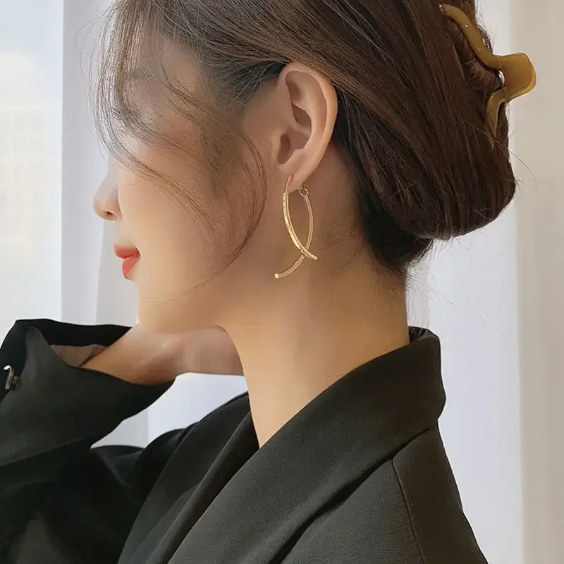 Korean Stylish Cross Arc Long Drop Earrings for Women Fashion Simple Hanging Dangling Earrings Jewelry Female Christmas Gift