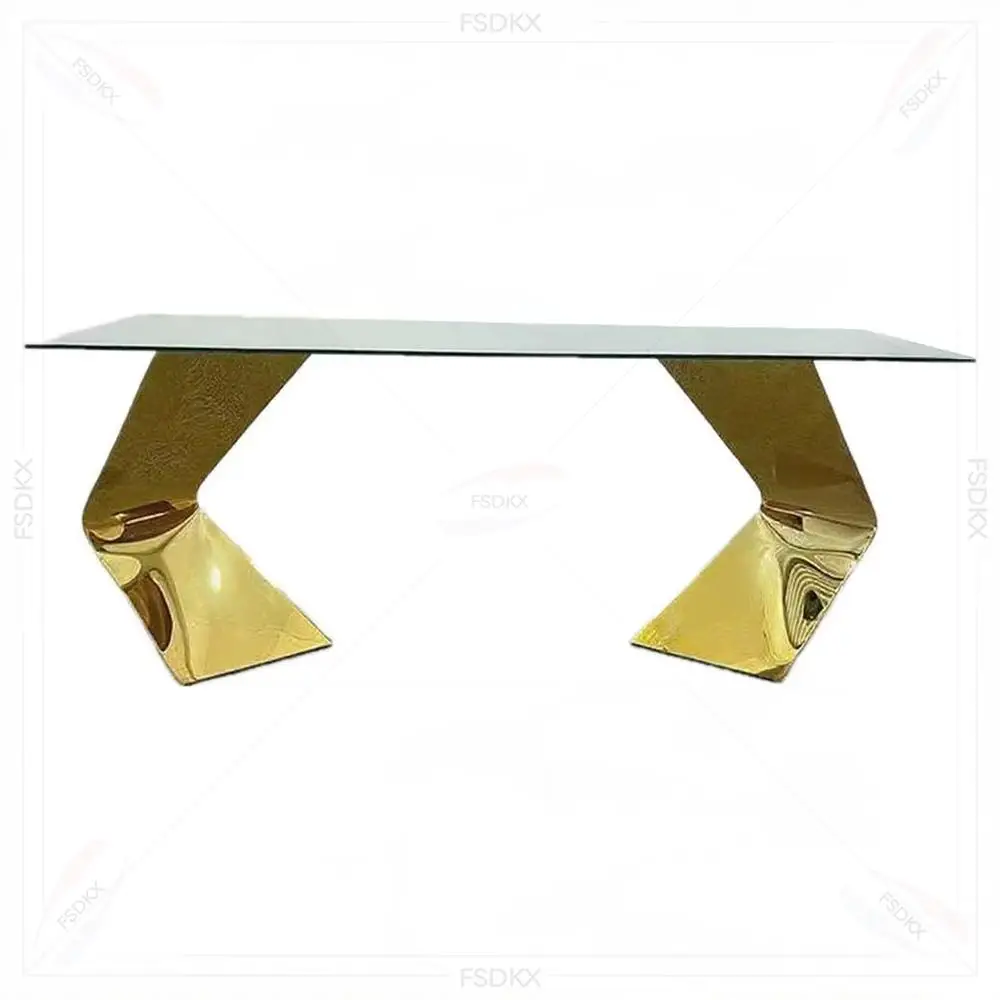 FSDKX Modern Gold Stainless Steel Mirror Glass Dining Table for Events and Banquets Wedding Rental Furniture