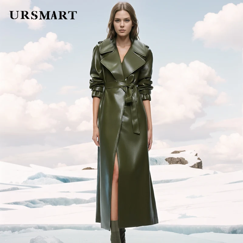 Stylish Women’s Green Sheepskin trench Coat Long Length Loose Fit for Spring and Autumn Fashion leather windbreaker