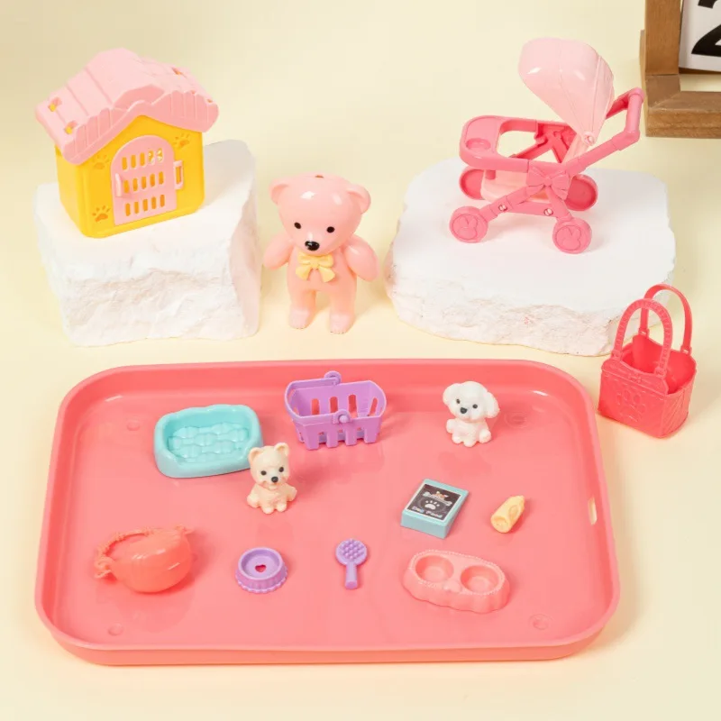 Cute Tray Pet Paradise Set Toys Fun Children Play House Toy Cartoon Pet Puppy Bear Trolley DollHouse Accessories Girl Gift
