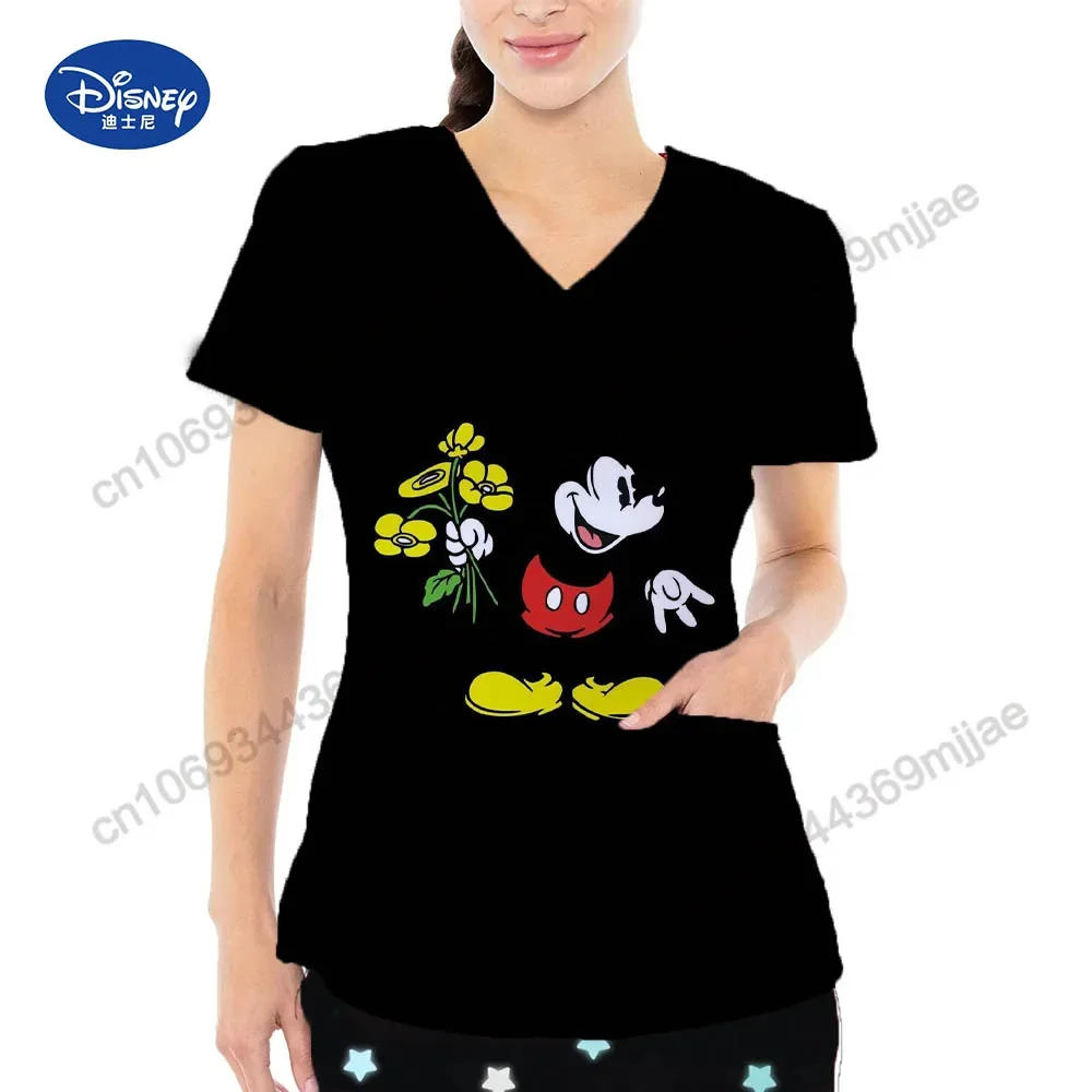 Fashionable comfortable women's T-shirt V-neck pocket summer women's shirt 2024 casual beautiful Disney cartoon shirt Y2k top