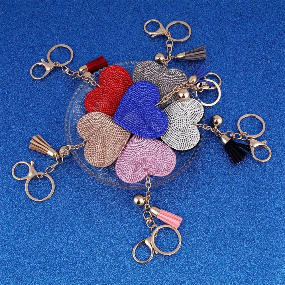 Colourful Heart Full Rhinestone Keychain PU Leather Tassel Keyring for Women Car Key Holder Valentine\'s Day Gift