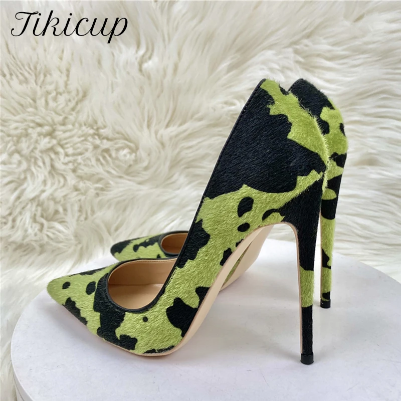 

Tikicup Hairy Grafitti Pattern Women Green Pointy Toe High Heel Shoes Unique Design Sexy Slip On Stiletto Pumps Plus Size 33-46