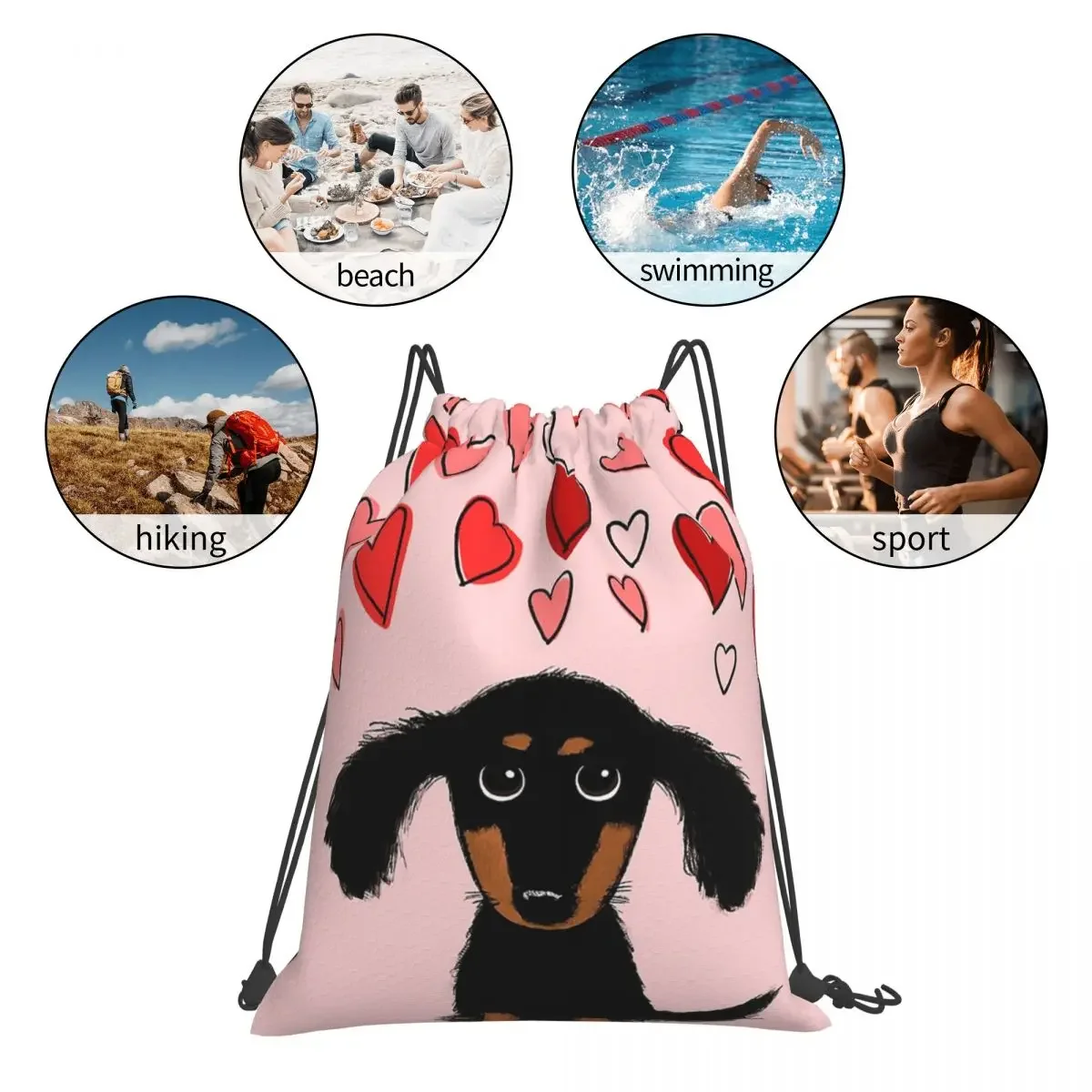 Sacos de cordão portáteis com corações, cachorro bonito do dachshund, bolso do pacote, saco de diversos, bookbag, mochilas, cordão