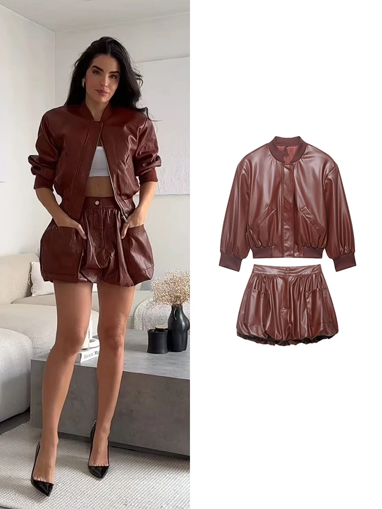 

TFMLN Spring Balloon Mini Skirt Set For Women Faux Leather Bomber Jacket Two-Piece Set Soild Mini Skirt Fashion Streetwear Lady